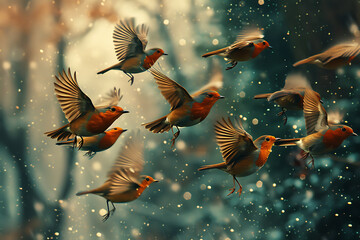 wildlife migration, a group of robins soaring through the woods