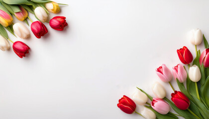 Romantic postcard mockup, Valentine's Day theme, free space for text. White background, surrounded by fresh tulips. White background.