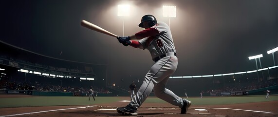 A dynamic shot of a baseball player swinging for a home run capturing the intensity and excitement of the game