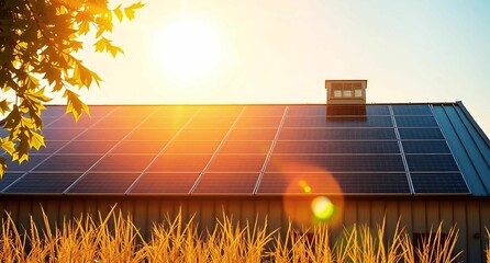 solar panels on roof of  farm shed  sun shinning above 