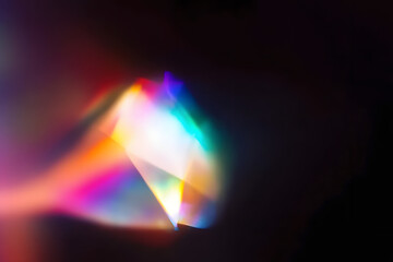 Blur colorful rainbow crystal light leaks on black background. Defocused abstract multicolored retro film lens flare bokeh analog photo overlay or screen filter effect. Glow Vintage prism colors