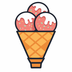 Three scoops of ice cream in a waffle cone on a white background Vector flat outline icon
