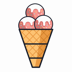 Three scoops of ice cream in a waffle cone on a white background Vector flat outline icon
