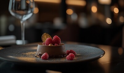 A decadent chocolate dessert garnished with raspberries on a stylish plate.
