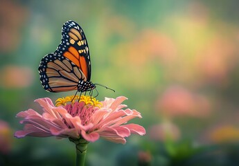 Obraz premium Monarch Butterfly on Pink Zinnia Flower in Soft Sunlight