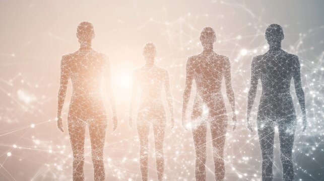 Futuristic digital humanoid figures standing.