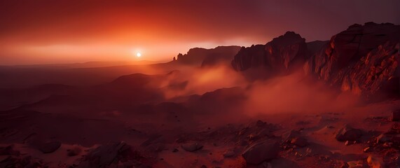 Fototapeta premium A dramatic shot of a sunset over a rocky desert landscape where the sky ignites in vibrant hues of red and orange