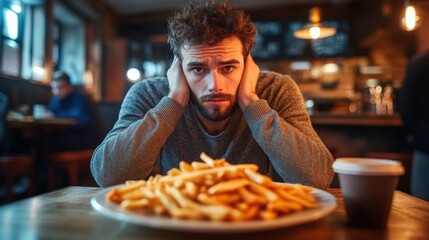 Bored man at Restaurant with French Fries, Binge eating disorders concept