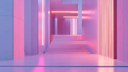 Obraz premium Futuristic hallway with vibrant neon lights.