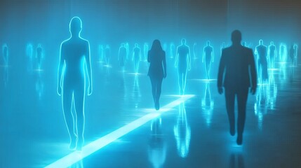 Futuristic holographic figures in digital space.