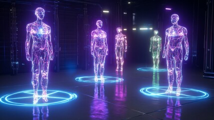 Futuristic holographic human figures displayed.