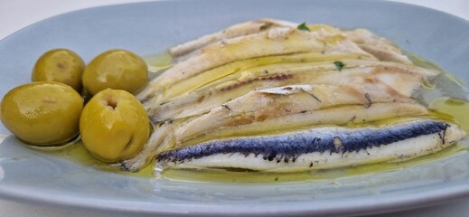 Boquerón o Boquerones a la vinagreta o Agritos , primer plano filetes de boquerón
