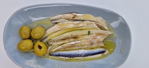 Boquerón o Boquerones a la vinagreta o Agritos , primer plano filetes de boquerón