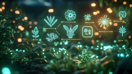 Bioluminescent Forest Farm with Glowing Sustainable Farming Icons