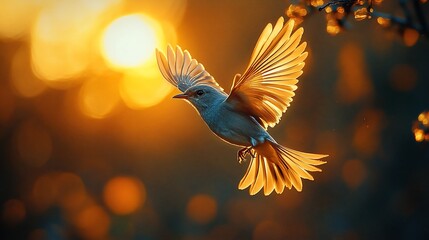 Fototapeta premium Golden Winged Bird Soaring Sunset Sky
