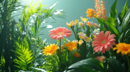 Vibrant Gerbera Daisies Bloom Amid Lush Tropical Foliage