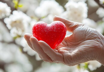Fototapeta premium Elderly Hand Holding Red Heart, Spring Blossoms Background