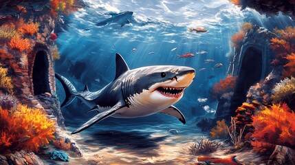 Great white shark swimming in vibrant coral reef.