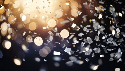 white and gray confetti falling from the sky with bokeh lights background