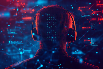 illustration of a customer service agent wearing a headset and answering incoming calls, highlighted by blue and black data points on a transparent background, symbolizing modern communication technol