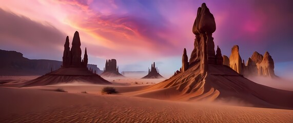 A colorful desert with bizarre rock formations shaped like towering spires under a sky filled with swirling vibrant clouds. Extremely detailed high resolution illustration.