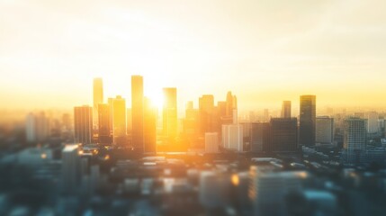 Fototapeta premium Golden sunset over city skyline with tall buildings.