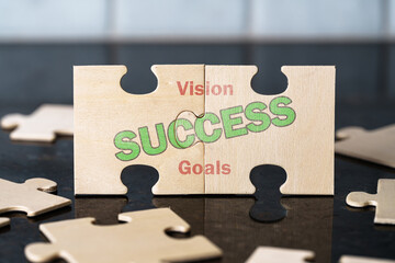 Vision Goals Success, Business Plan Concept, Wooden Puzzle Pieces Interlocking