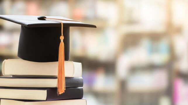Graduation cap on stacked books representing success.