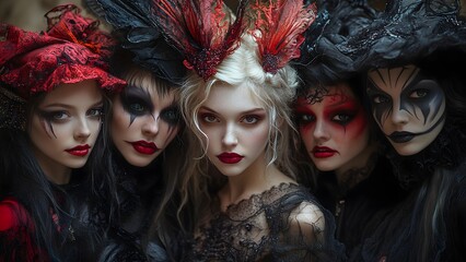 Obraz premium Four Women in Gothic Victorian Costumes with Dramatic Makeup