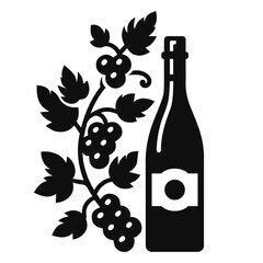 The icon of a branch of grapes and a bottle of wine. Flat design, highlighted on a white background. Flat vector logo with a vine branch