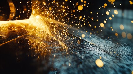 Sparks ignite from a cutting process as a metal piece is shaped in an industrial workshop