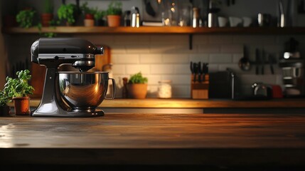 A stand mixer sits on a wooden countertop in a stylish kitchen filled with rustic decor. Warm lighting highlights the inviting space, perfect for baking and cooking activities