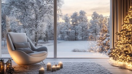 A warm interior features a comfortable chair beside glowing candles, with a view of serene snow-covered trees and a sparkling Christmas tree, creating a perfect winter ambiance