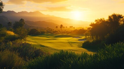 Obraz premium Golden sunlight bathes a beautifully manicured golf course while the sun sets behind distant mountains, creating a tranquil evening atmosphere surrounded by trees and palm views