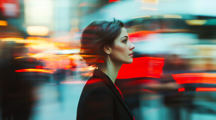 Young woman walking through a bustling city street with a thoughtful expression at twilight