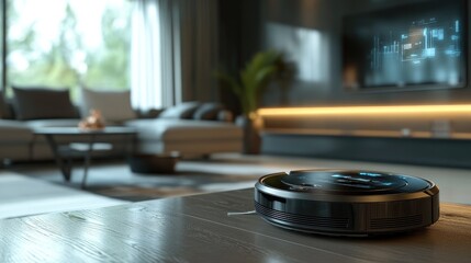A robotic vacuum cleaner in a modern living room setting.