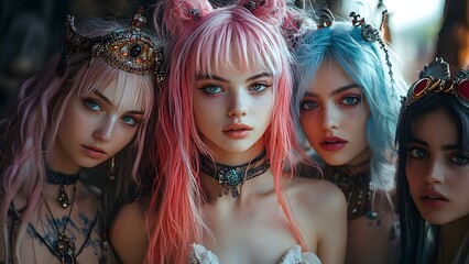 Fototapeta premium Three Women in Fantasy Costumes with Colorful Hair and Crowns