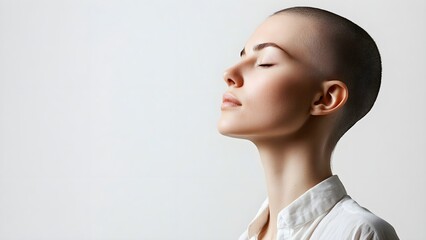 Minimalist portrait of a woman with shaved head and serene expression
