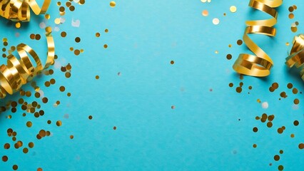 Fototapeta premium Blue background with gold confetti and ribbon on the side.