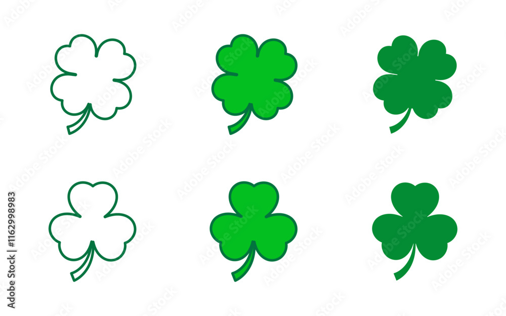 Poster Flat shamrock icons vector set. Four leaf clover icon. Happy St Patricks day. Leaf clover on isolated background. Good luck four leaf clover flat icons for apps and websites.