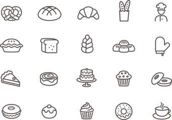 Bakery items icons, baked goods. Editable stroke, isolated line icon set. 