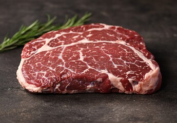 Obraz premium Raw Ribeye Steak on Dark Background, Closeup