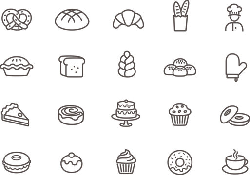 Bakery icons, baked goods items. Editable stroke, isolated line icon set. 
