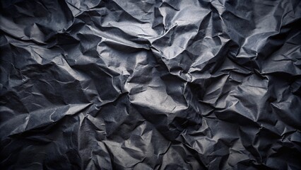 Black crumpled rough paper background. Wrinkled packaging texture. Dark gray grunge background with copy space for design.
