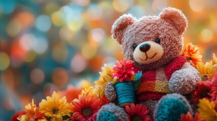 Teddy Bear Amidst Autumn Flowers Bouquet
