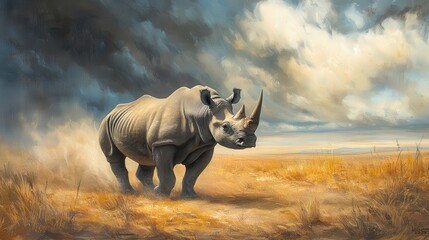 Obraz premium White Rhino Walking Across Golden Savanna Under Stormy Skies