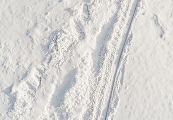Winter Footprints and Tire Tracks in Fresh Snow
