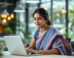 Indian Businesswoman in Saree Using Laptop in Contemporary Workspace