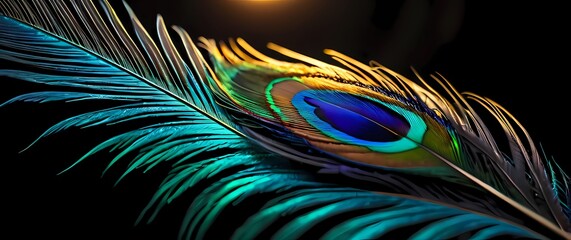A close up of a peacock feather showcasing the intricate patterns and vibrant colors