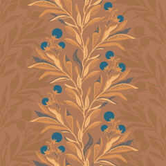 Vertical vector trailing blueberry branches with elegant leaves in a seamless caramel and toffee color palette design. For digital, fabric, or print projects, versatile for neutral and bold themes.